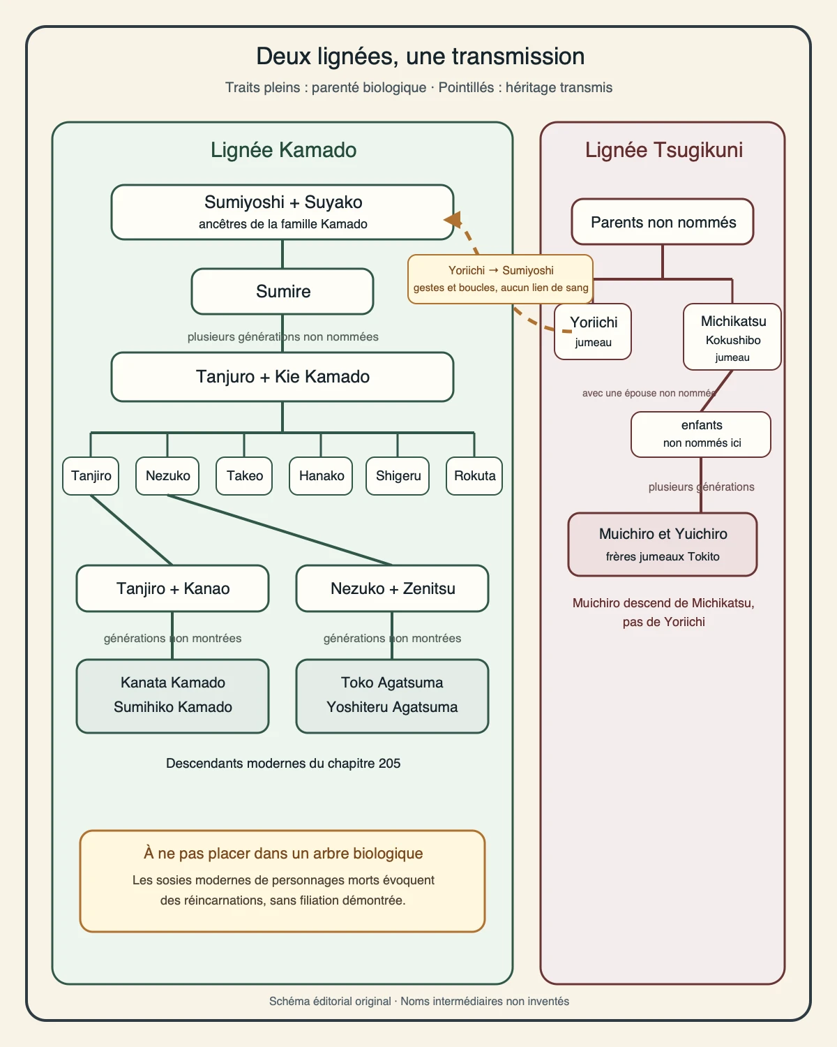 Arbre des familles Kamado et Tsugikuni distinguant les liens de sang de la transmission entre Yoriichi et Sumiyoshi