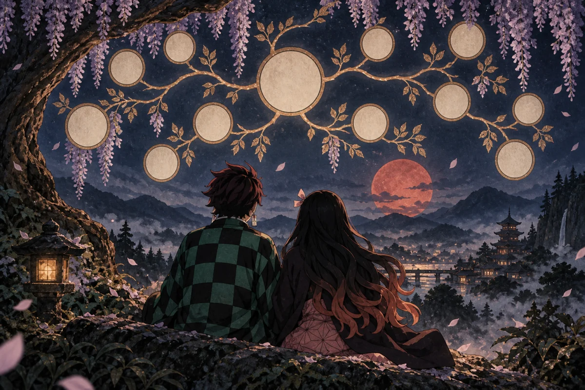 Tanjiro et Nezuko vus de dos sous des branches reliant des médaillons familiaux