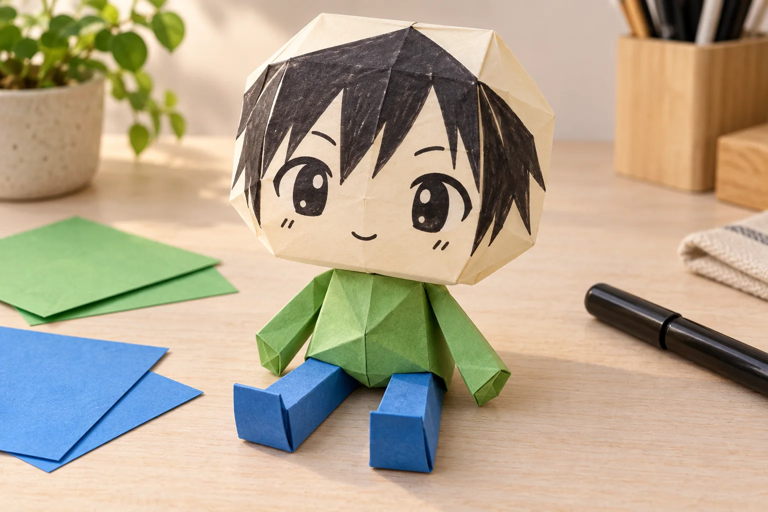 Illustration d’un chibi assis en papier plié, avec un visage dessiné, un haut vert et des jambes bleues.