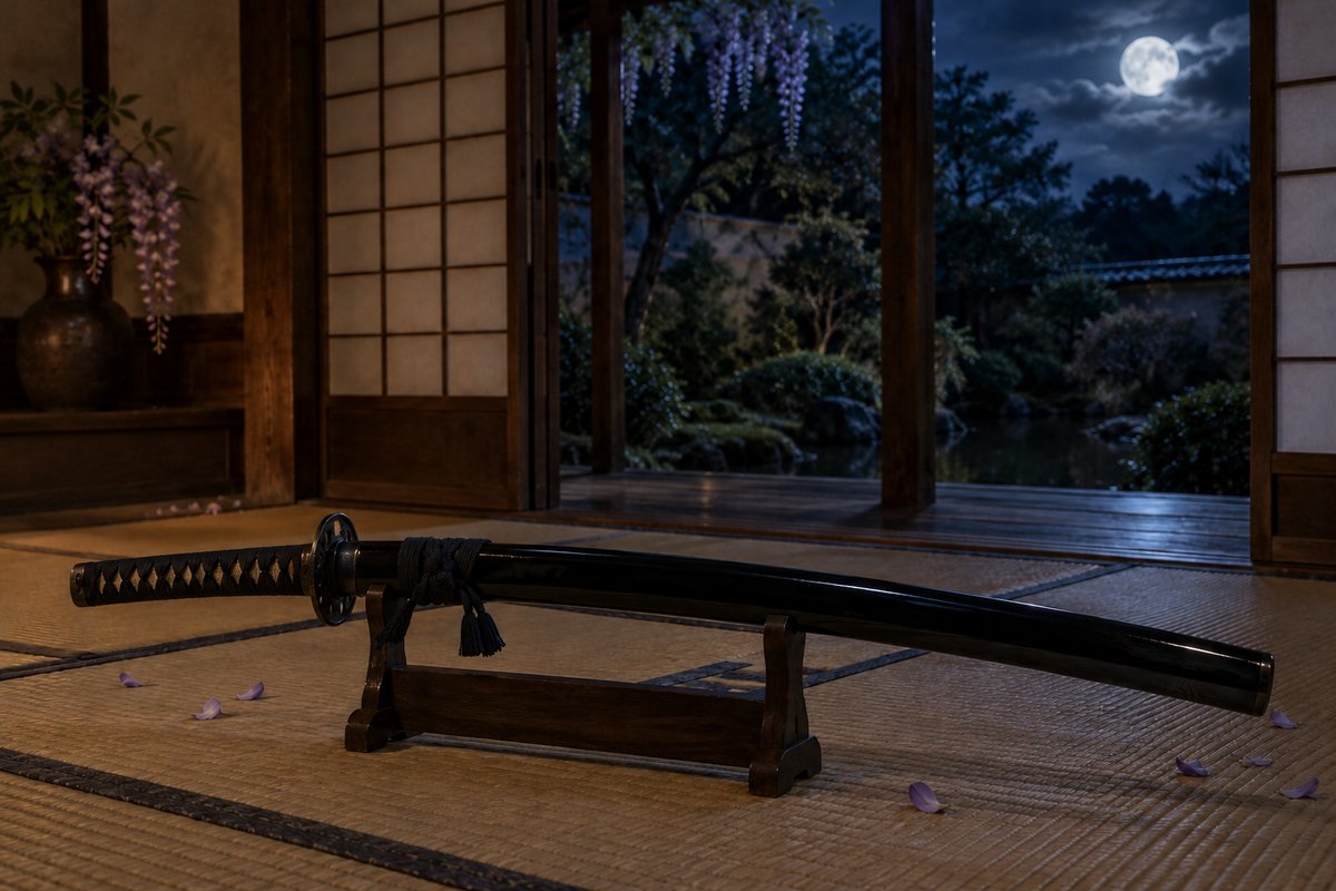 Sabre japonais sur tatami sous la pleine lune dans une demeure traditionnelle