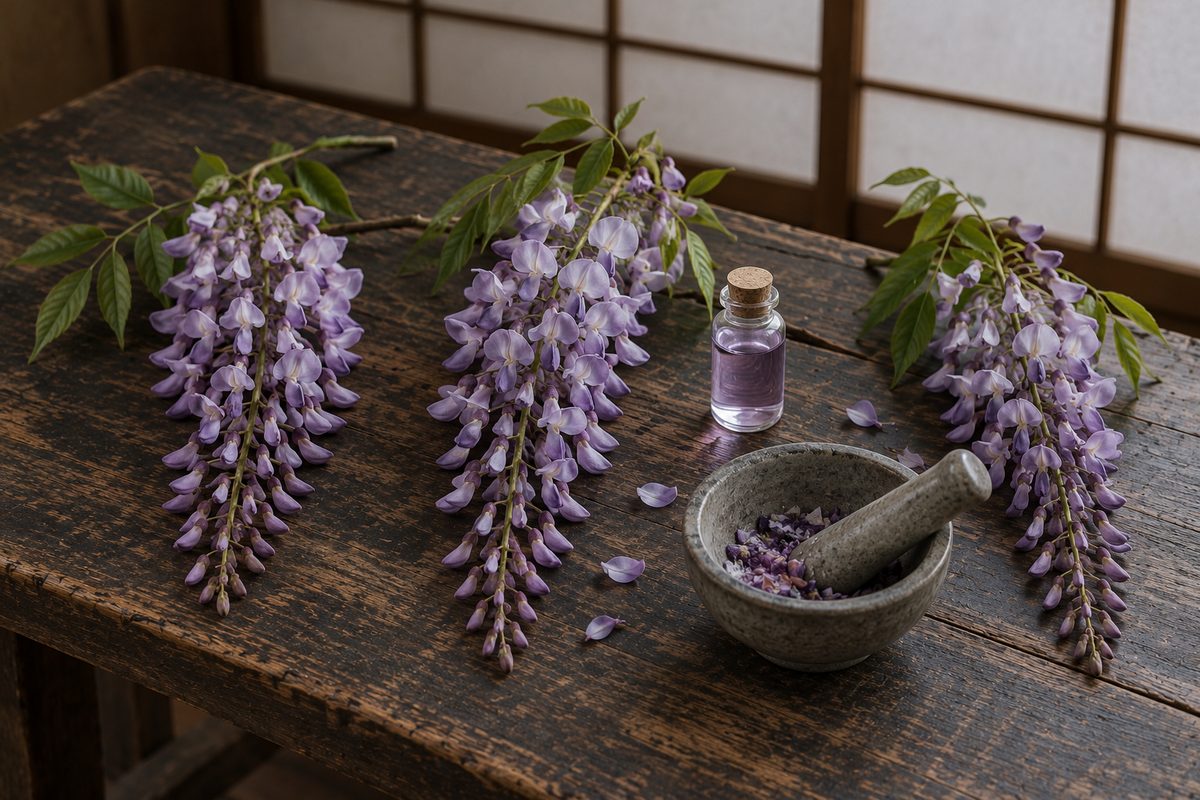 Grappes de glycine mauve, fiole de liquide violet et mortier sur table en bois